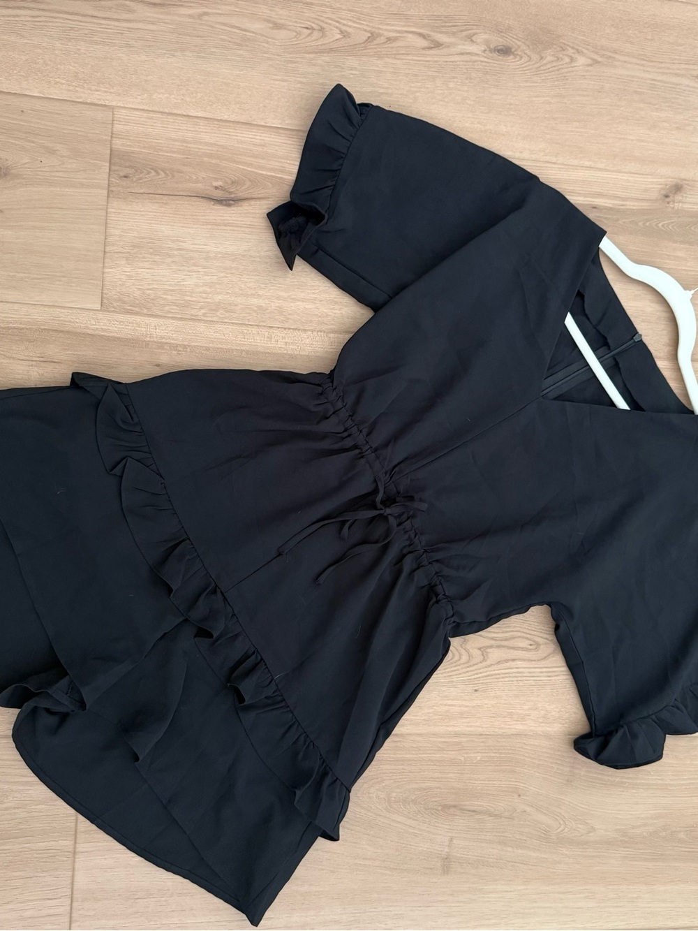 Black V-Neck Ruffle Drawstring Mini Dress - Picture 2 of 4
